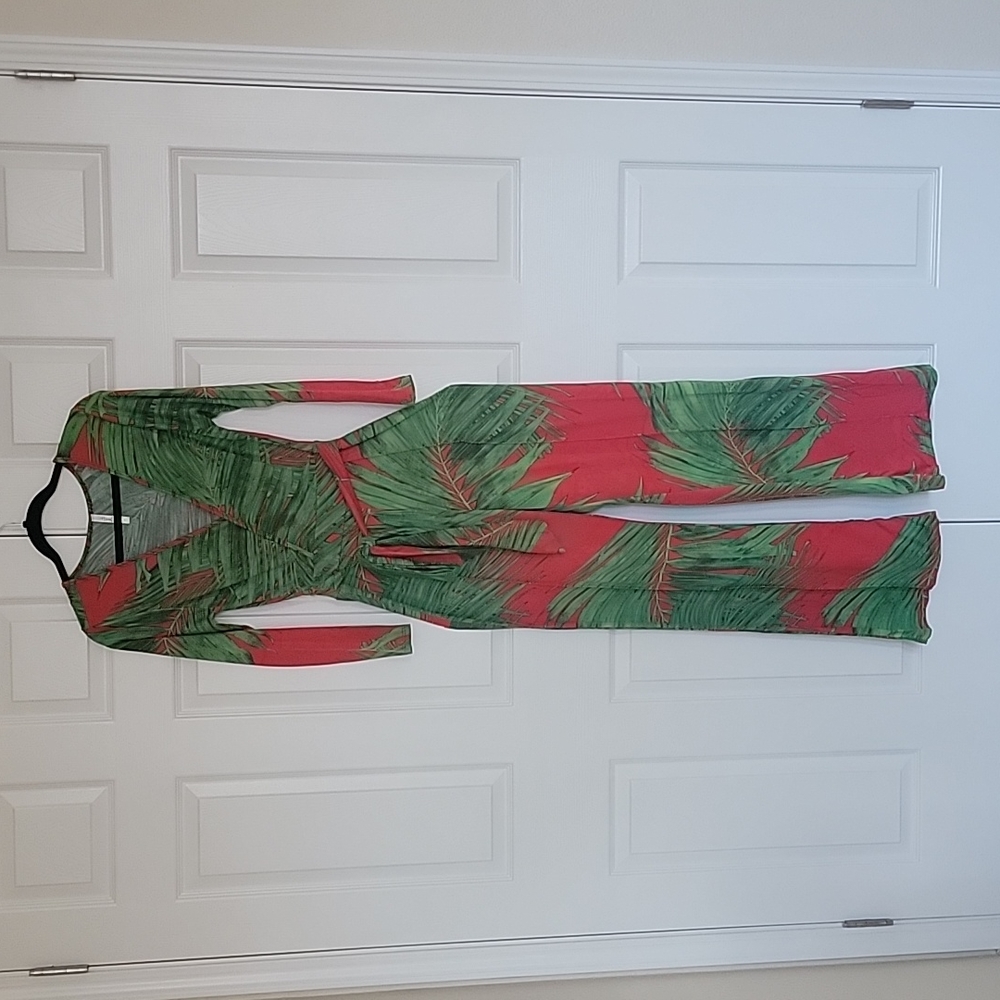 Azafran brand romper pant, green and red tropical patterned, size M. Jersey fab.